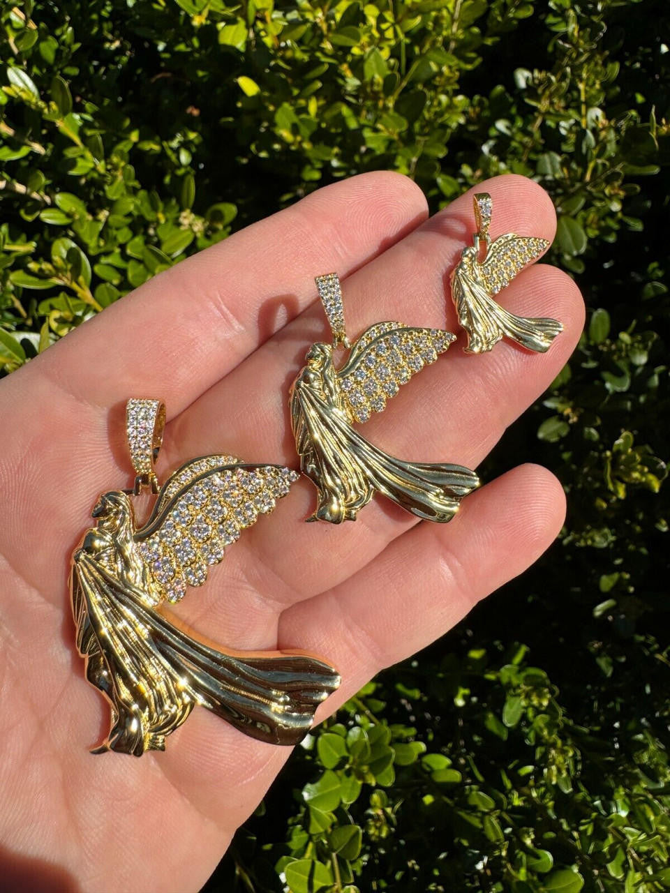 MOISSANITE Guardian Angel Wing Pendant - 14k Gold Vermeil 925 Silver  - 3 Sizes 1"-2.25"