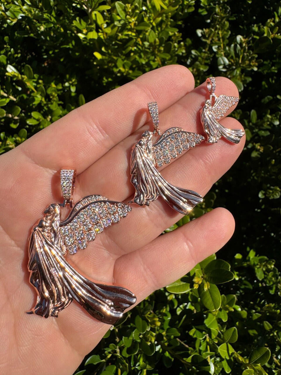 MOISSANITE Guardian Angel Wing Pendant - 14k Rose Vermeil 925 Silver  - 3 Sizes 1"-2.25"