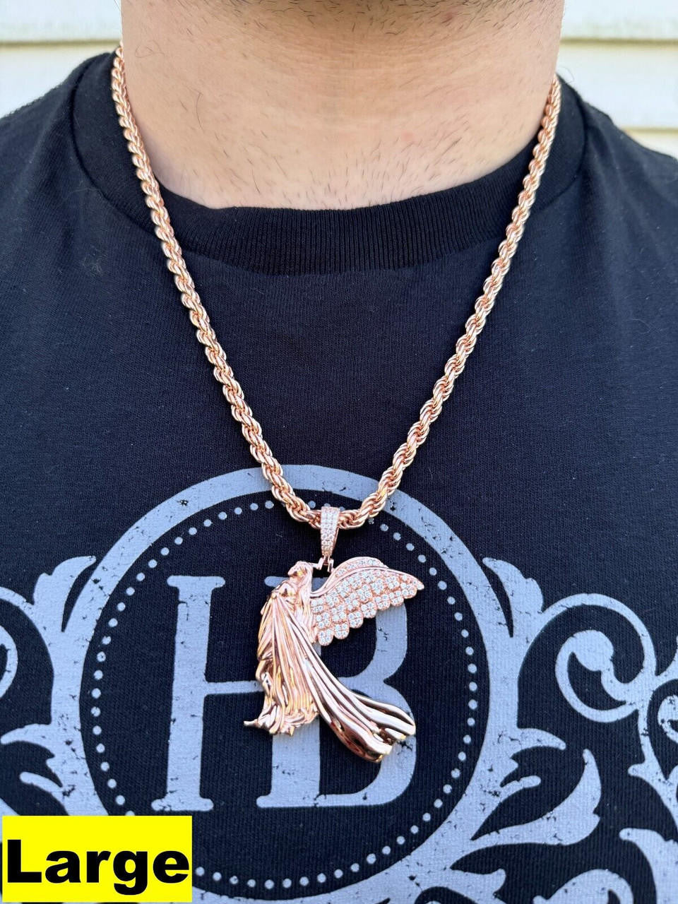 MOISSANITE Guardian Angel Wing Pendant - 14k Rose Vermeil 925 Silver  - 3 Sizes 1"-2.25"
