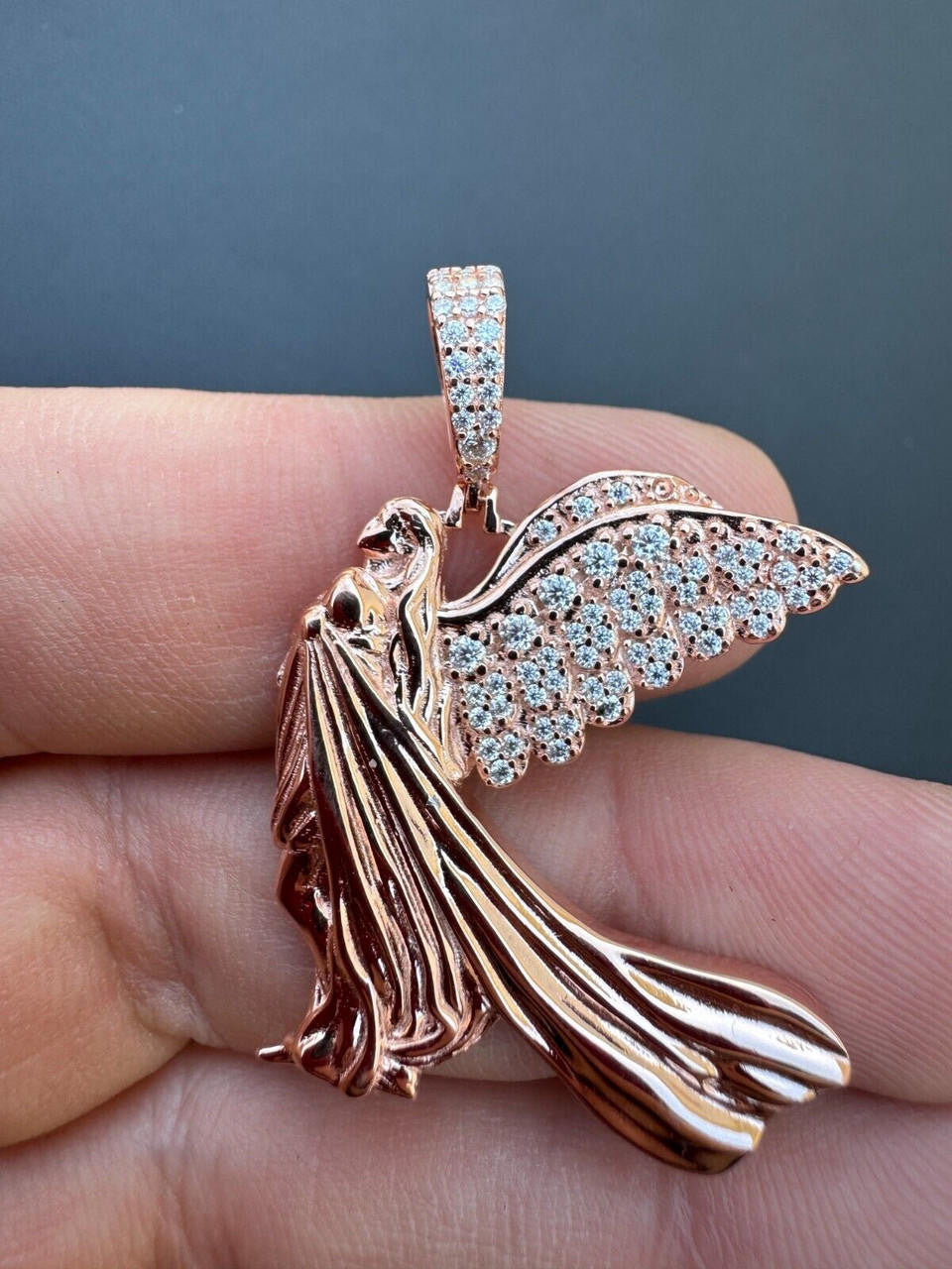 MOISSANITE Guardian Angel Wing Pendant - 14k Rose Vermeil 925 Silver  - 3 Sizes 1"-2.25"