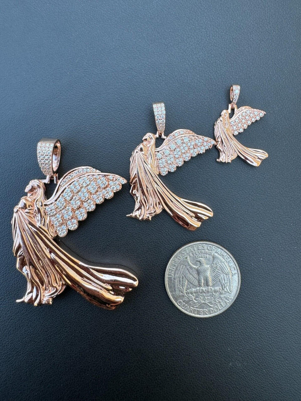 MOISSANITE Guardian Angel Wing Pendant - 14k Rose Vermeil 925 Silver  - 3 Sizes 1"-2.25"