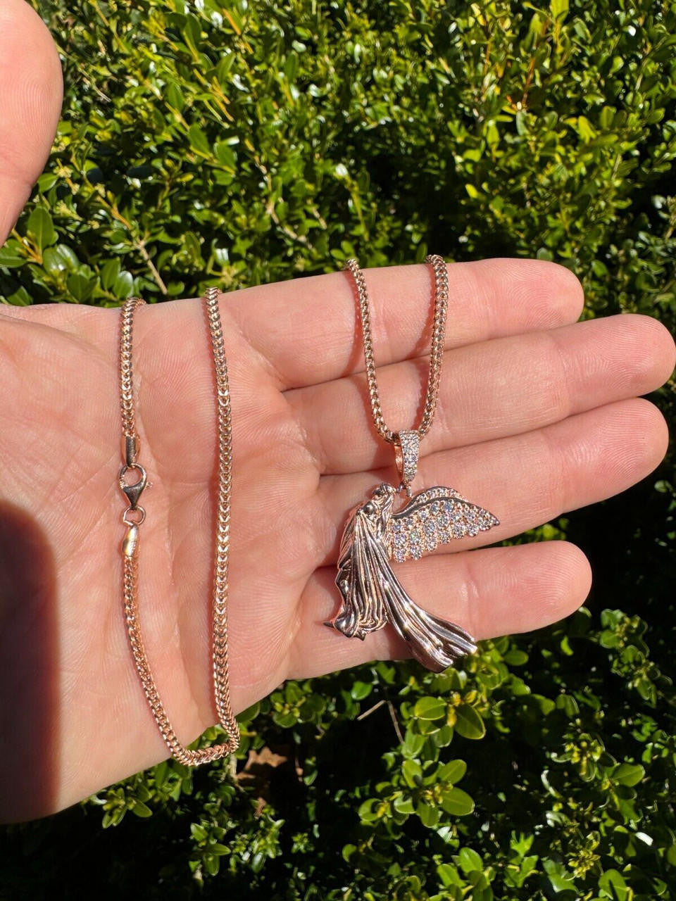 MOISSANITE Guardian Angel Wing Pendant - 14k Rose Vermeil 925 Silver  - 3 Sizes 1"-2.25"