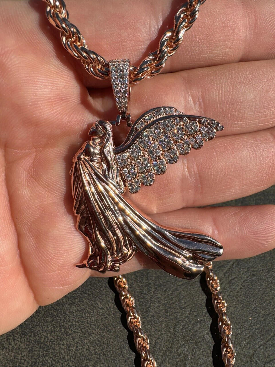 MOISSANITE Guardian Angel Wing Pendant - 14k Rose Vermeil 925 Silver  - 3 Sizes 1"-2.25"