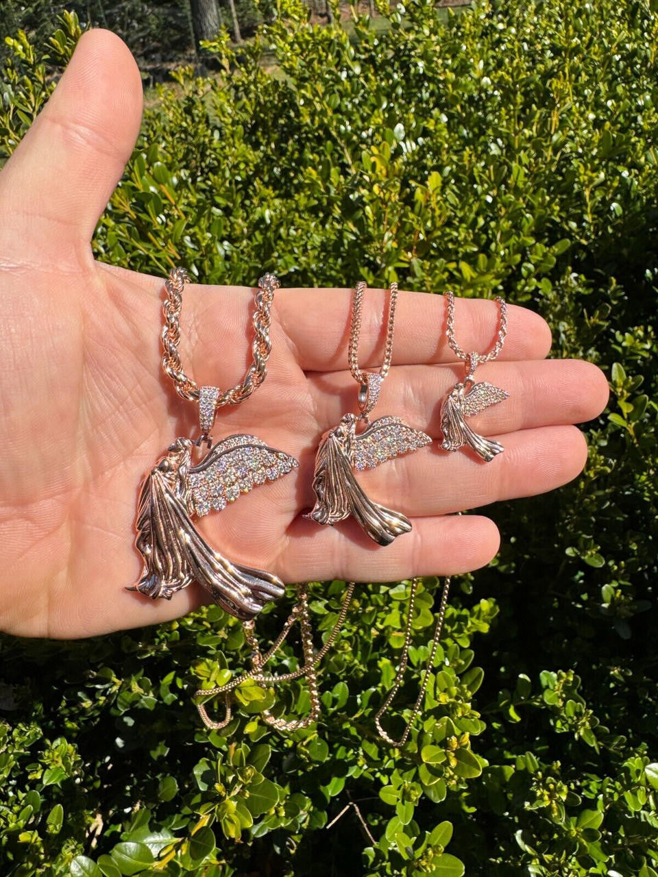 MOISSANITE Guardian Angel Wing Pendant - 14k Rose Vermeil 925 Silver  - 3 Sizes 1"-2.25"