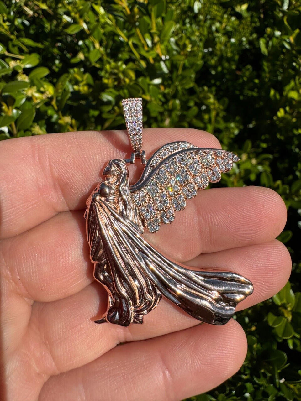 MOISSANITE Guardian Angel Wing Pendant - 14k Rose Vermeil 925 Silver  - 3 Sizes 1"-2.25"