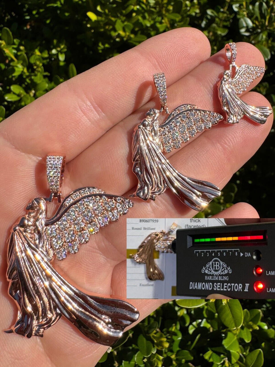 MOISSANITE Guardian Angel Wing Pendant - 14k Rose Vermeil 925 Silver  - 3 Sizes 1"-2.25"