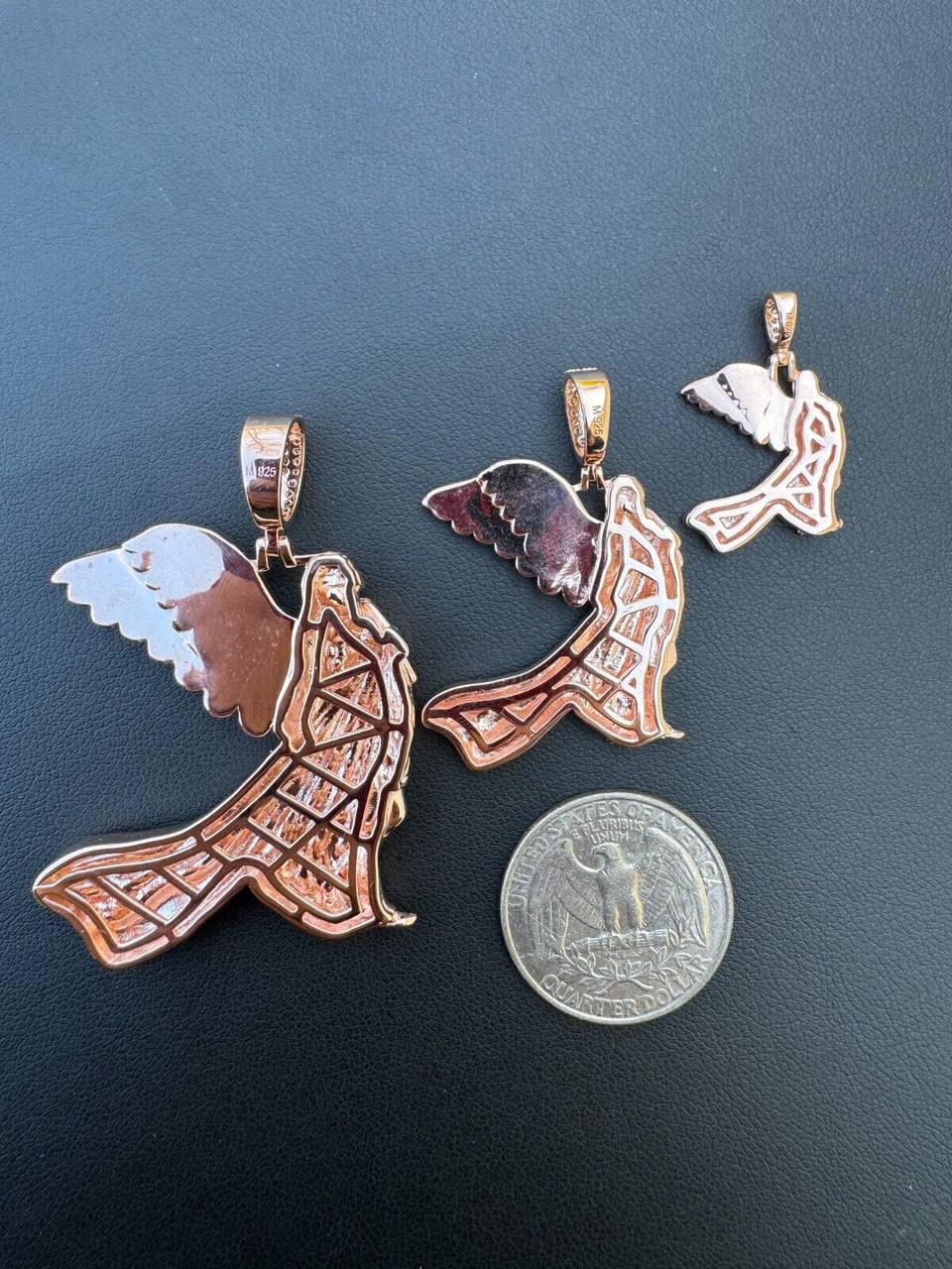 MOISSANITE Guardian Angel Wing Pendant - 14k Rose Vermeil 925 Silver  - 3 Sizes 1"-2.25"