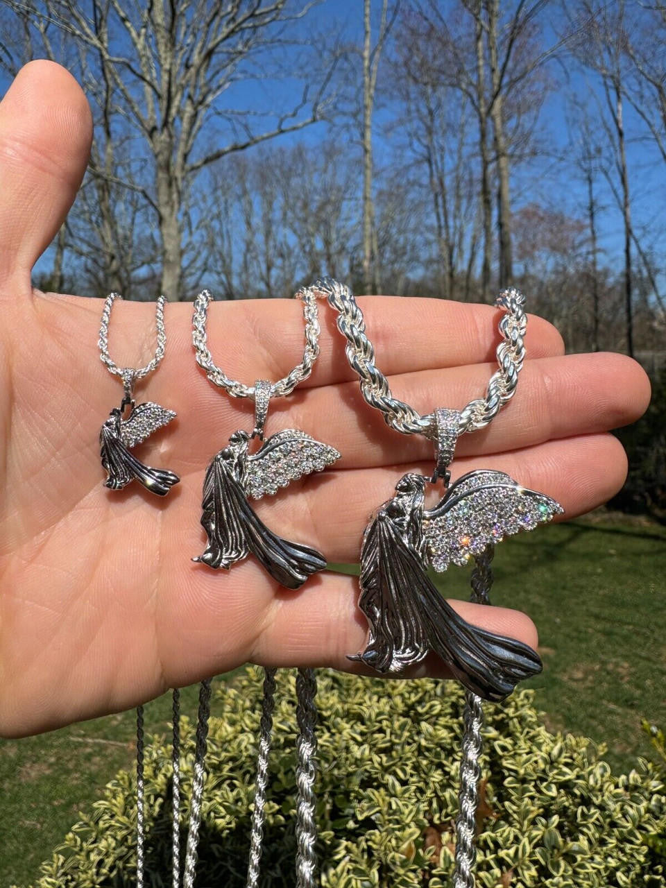 MOISSANITE Guardian Angel Wing Pendant - 925 Silver - 3 Sizes 1"-2.25"