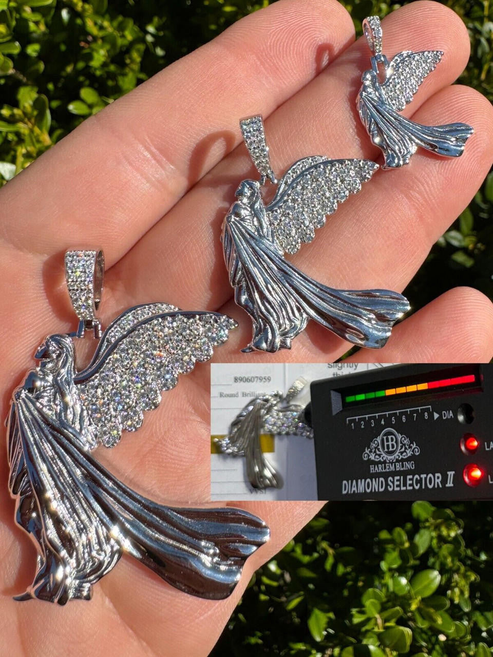 MOISSANITE Guardian Angel Wing Pendant - 925 Silver - 3 Sizes 1"-2.25"