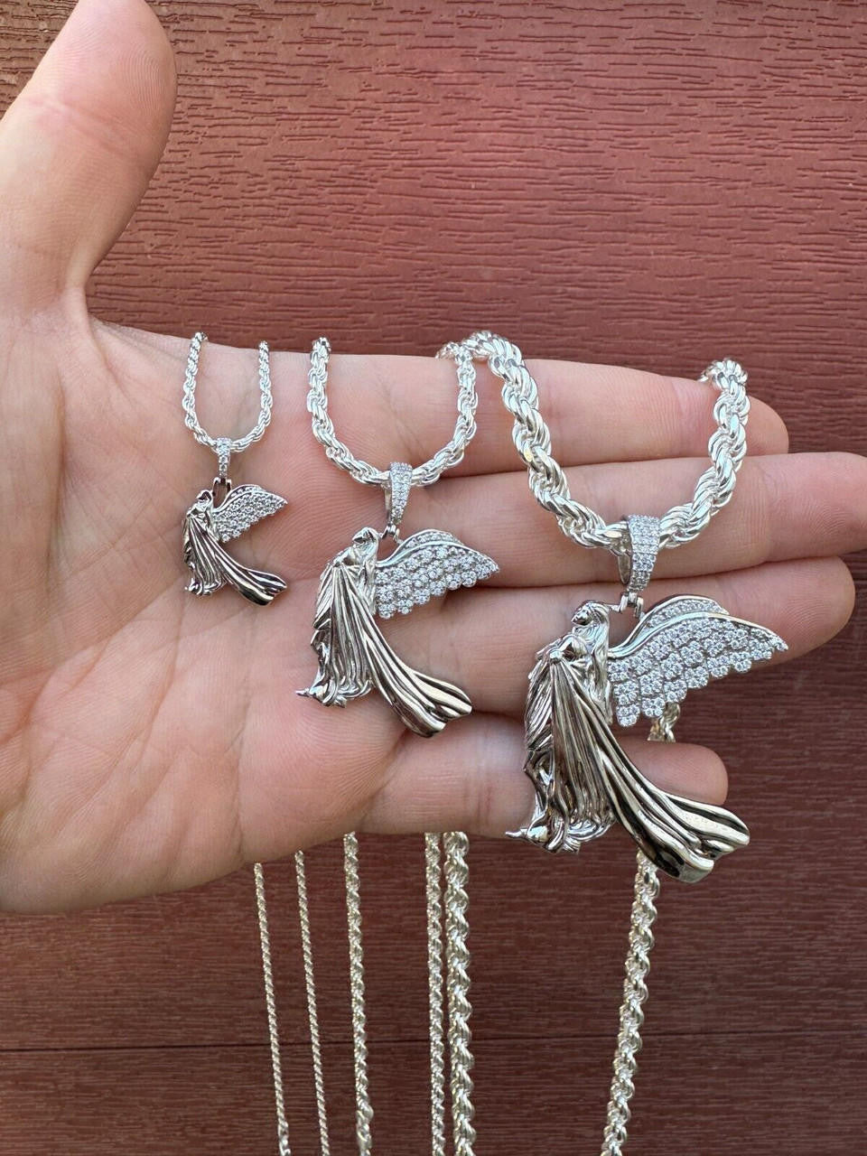 MOISSANITE Guardian Angel Wing Pendant - 925 Silver - 3 Sizes 1"-2.25"