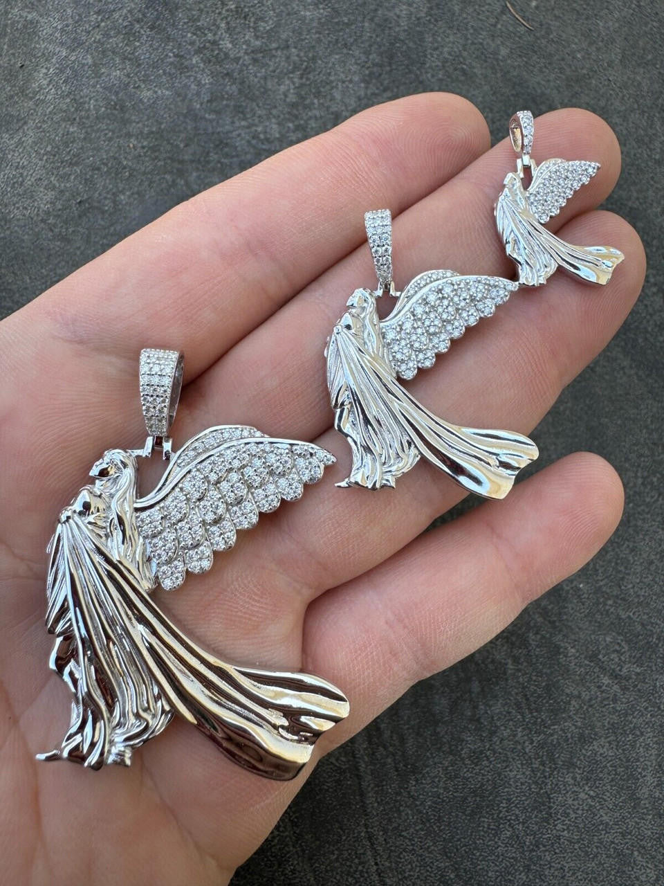 MOISSANITE Guardian Angel Wing Pendant - 925 Silver - 3 Sizes 1"-2.25"