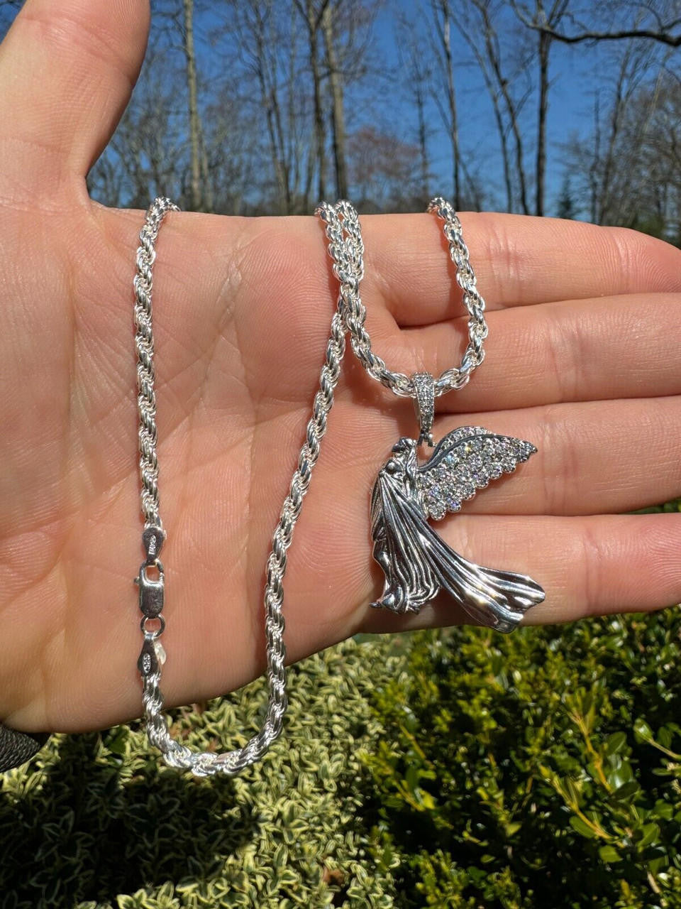 MOISSANITE Guardian Angel Wing Pendant - 925 Silver - 3 Sizes 1"-2.25"