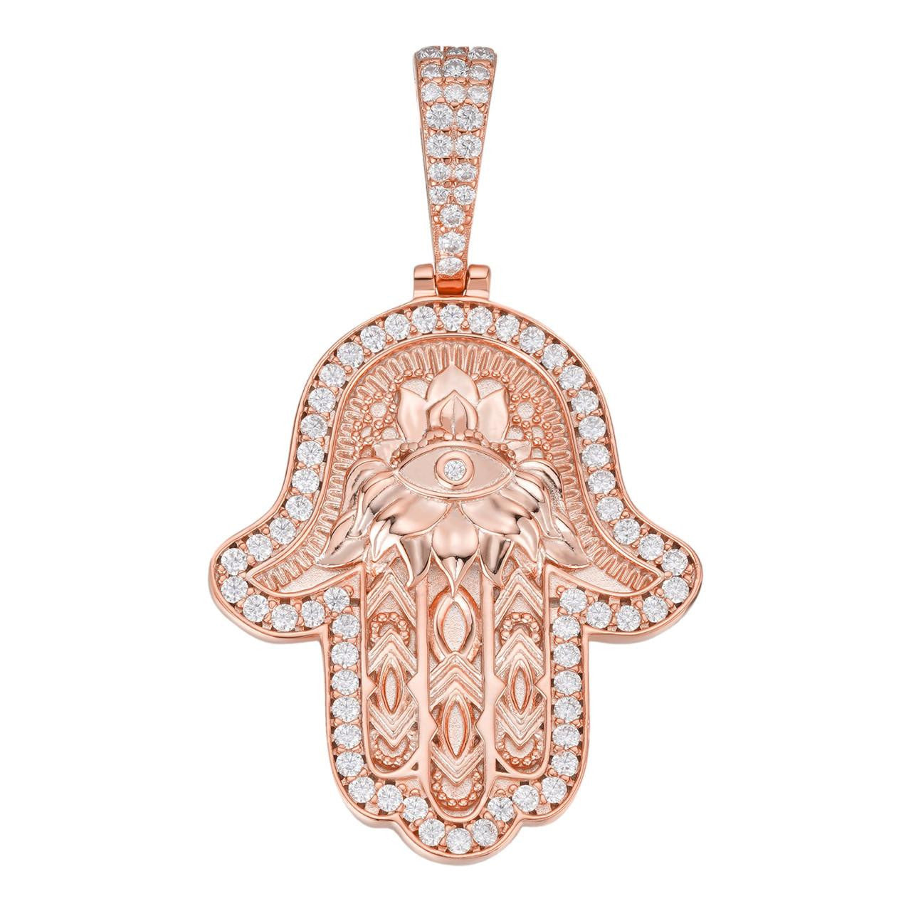 MOISSANITE Hamsa Evil Eye Hand Pendant - 14k Rose Gold Vermeil 925 Silver - 3 Sizes 1.25"-2.75"