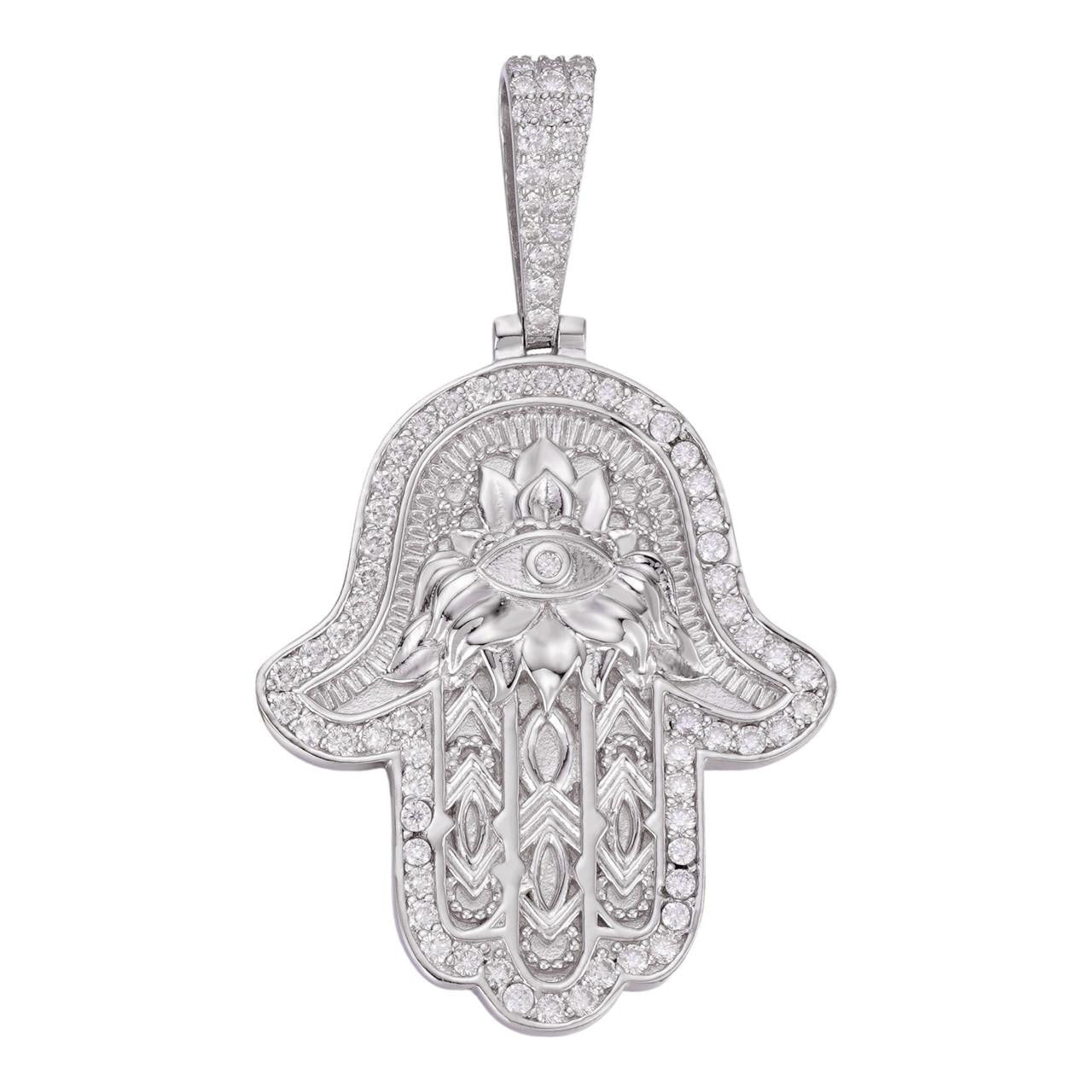 MOISSANITE Hamsa Evil Eye Hand Pendant - 925 Silver - 3 Sizes 1.25"-2.75"