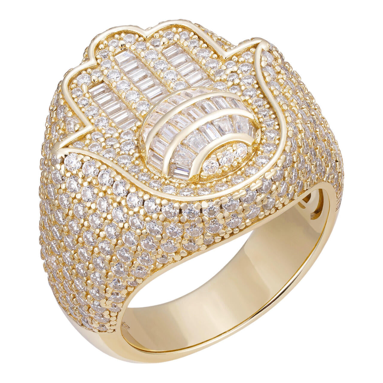 MOISSANITE Hamsa Hand Baguette Iced Out Ring - 14k Gold Vermeil 925 Silver