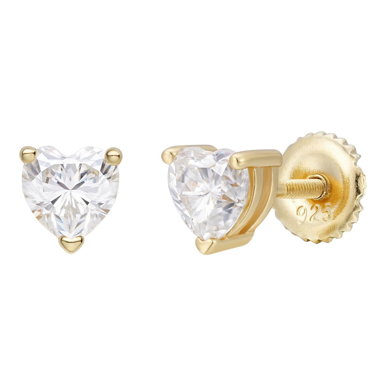 MOISSANITE Heart Shape Solitaire Stud Earrings - 14k Gold Vermeil 925 Silver - 3mm-7mm - 0.2-2.4ct