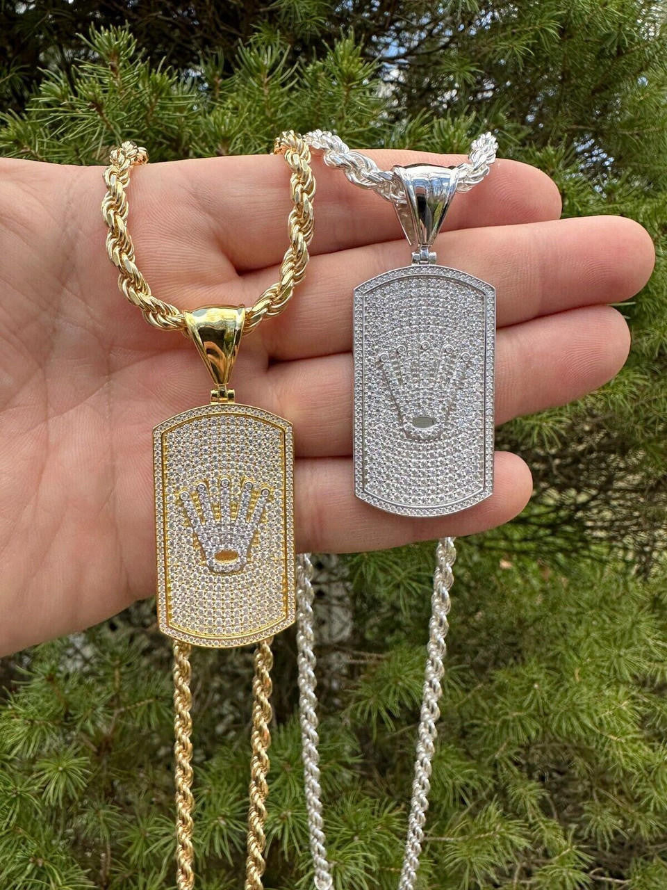 MOISSANITE Rolex Crown King Dog Tag Iced Out Pendant - 14k Gold Vermeil Or 925 Silver - Medium 2.25"