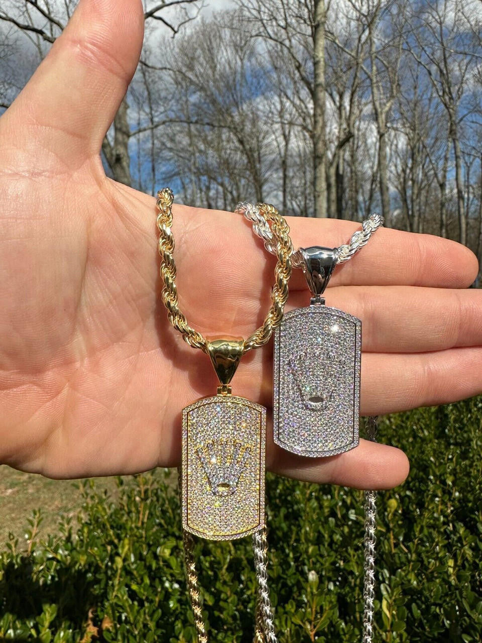 MOISSANITE Rolex Crown King Dog Tag Iced Out Pendant - 14k Gold Vermeil Or 925 Silver - Medium 2.25"