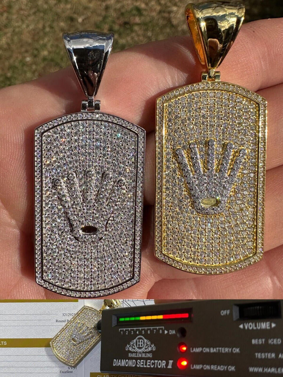 MOISSANITE Rolex Crown King Dog Tag Iced Out Pendant - 14k Gold Vermeil Or 925 Silver - Medium 2.25"