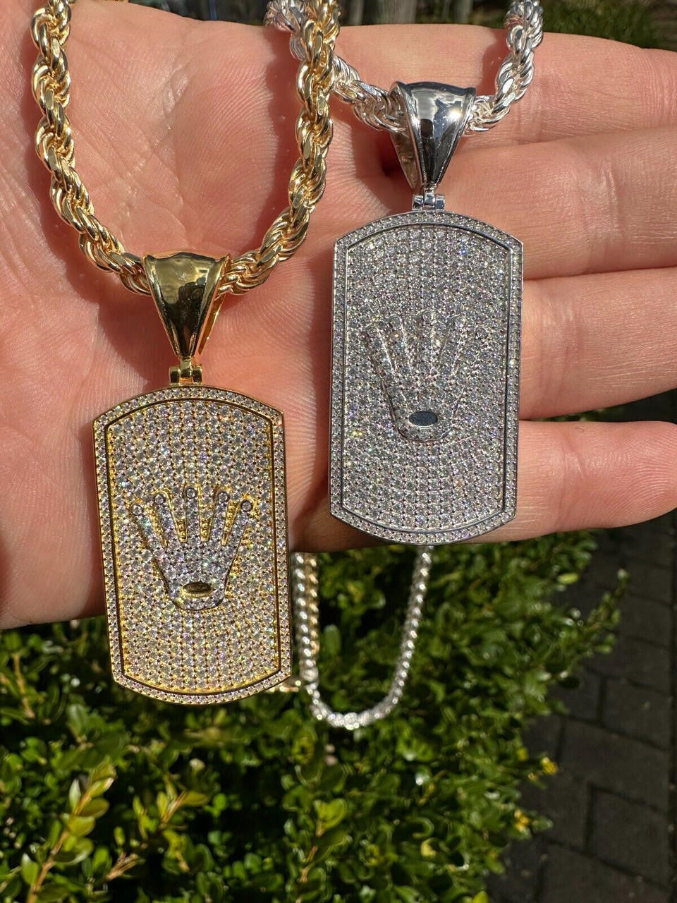 MOISSANITE Rolex Crown King Dog Tag Iced Out Pendant - 14k Gold Vermeil Or 925 Silver - Medium 2.25"