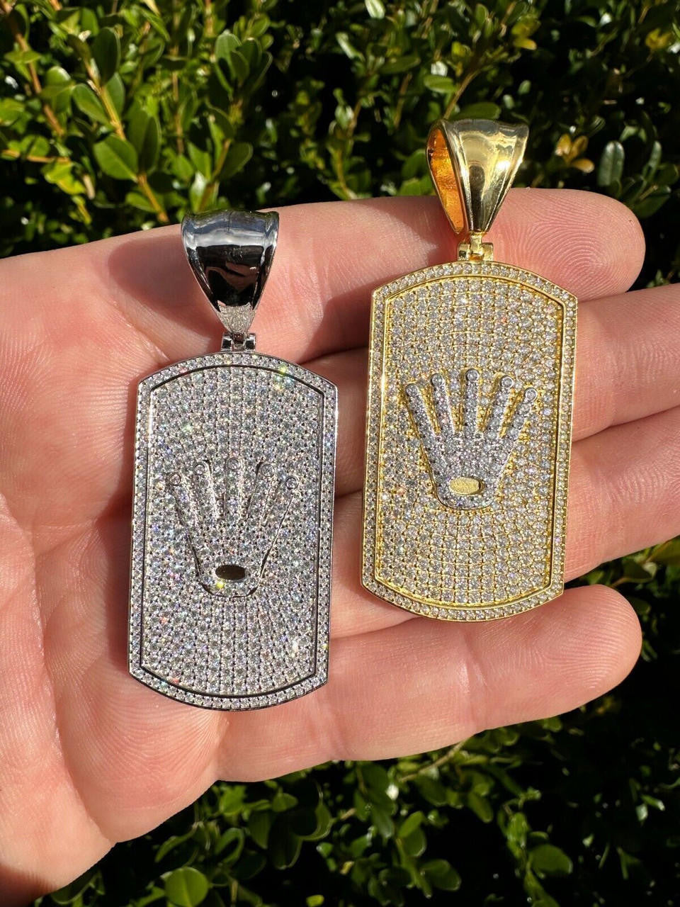 MOISSANITE Rolex Crown King Dog Tag Iced Out Pendant - 14k Gold Vermeil Or 925 Silver - Medium 2.25"