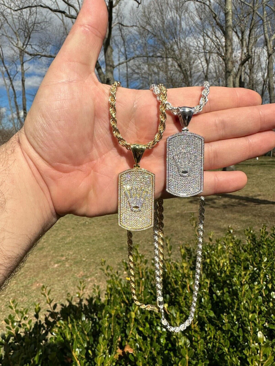 MOISSANITE Rolex Crown King Dog Tag Iced Out Pendant - 14k Gold Vermeil Or 925 Silver - Medium 2.25"