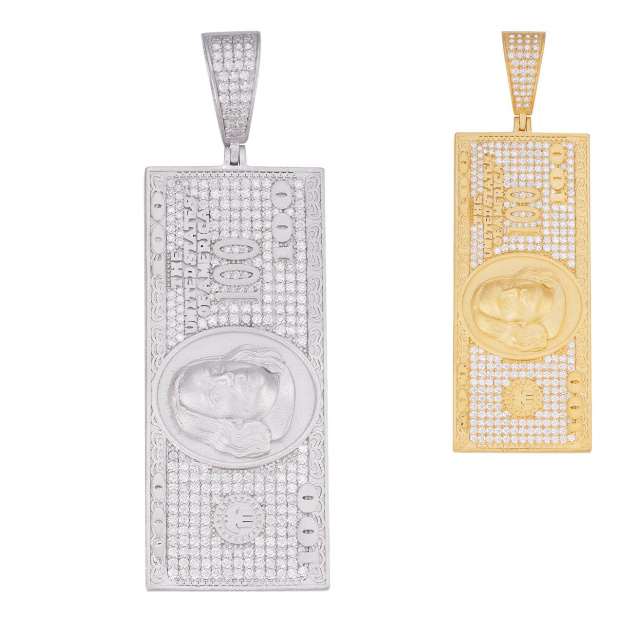 MOISSANITE Hip Hop $100 Dollar Bill Pendant - 14k Gold Vermeil Or 925 Silver - Large 3"