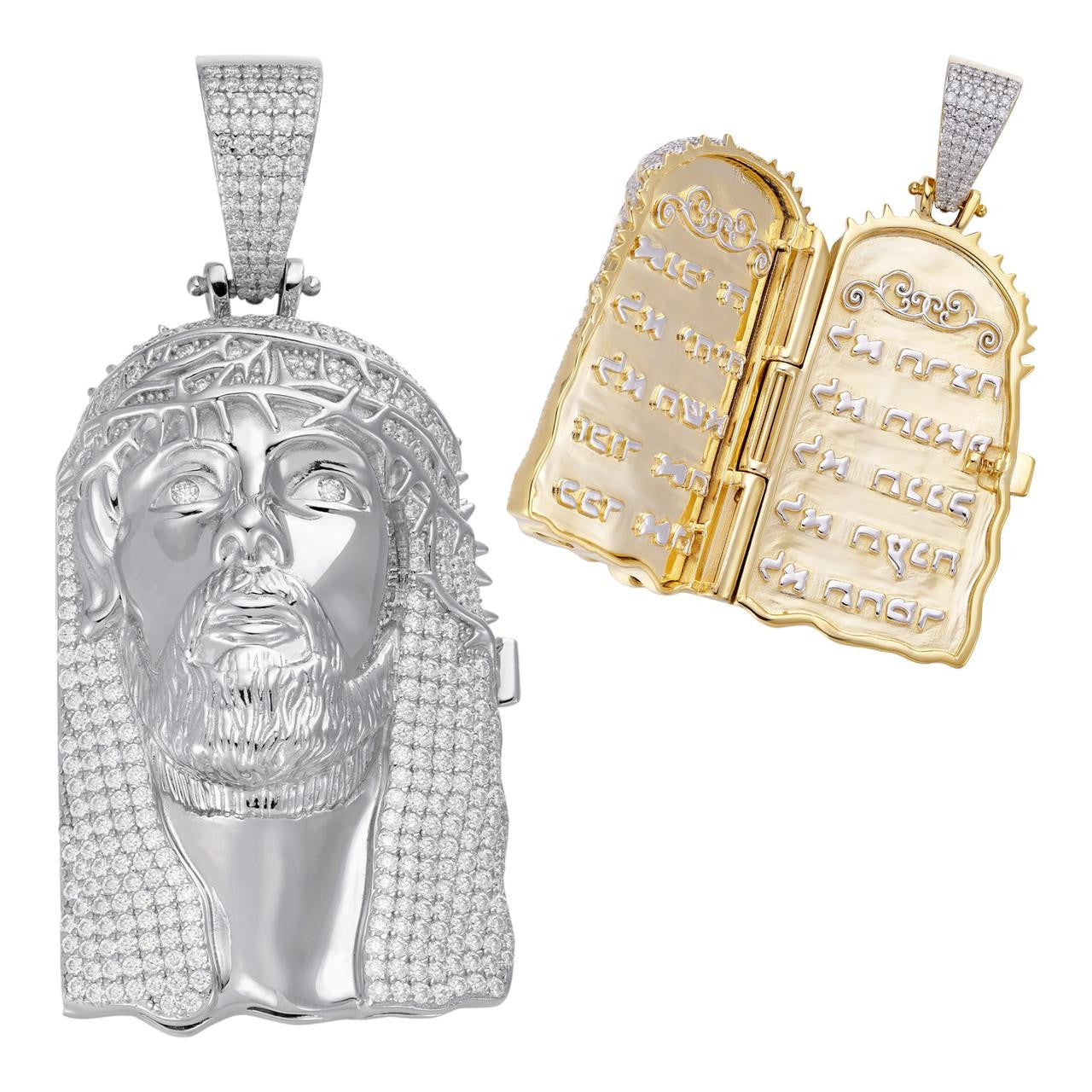 MOISSANITE Hip Hop Jesus Piece Opens Up Ten Commandments  - 14k Yellow Gold Vermeil Or 925 Silver - Large 3.25"