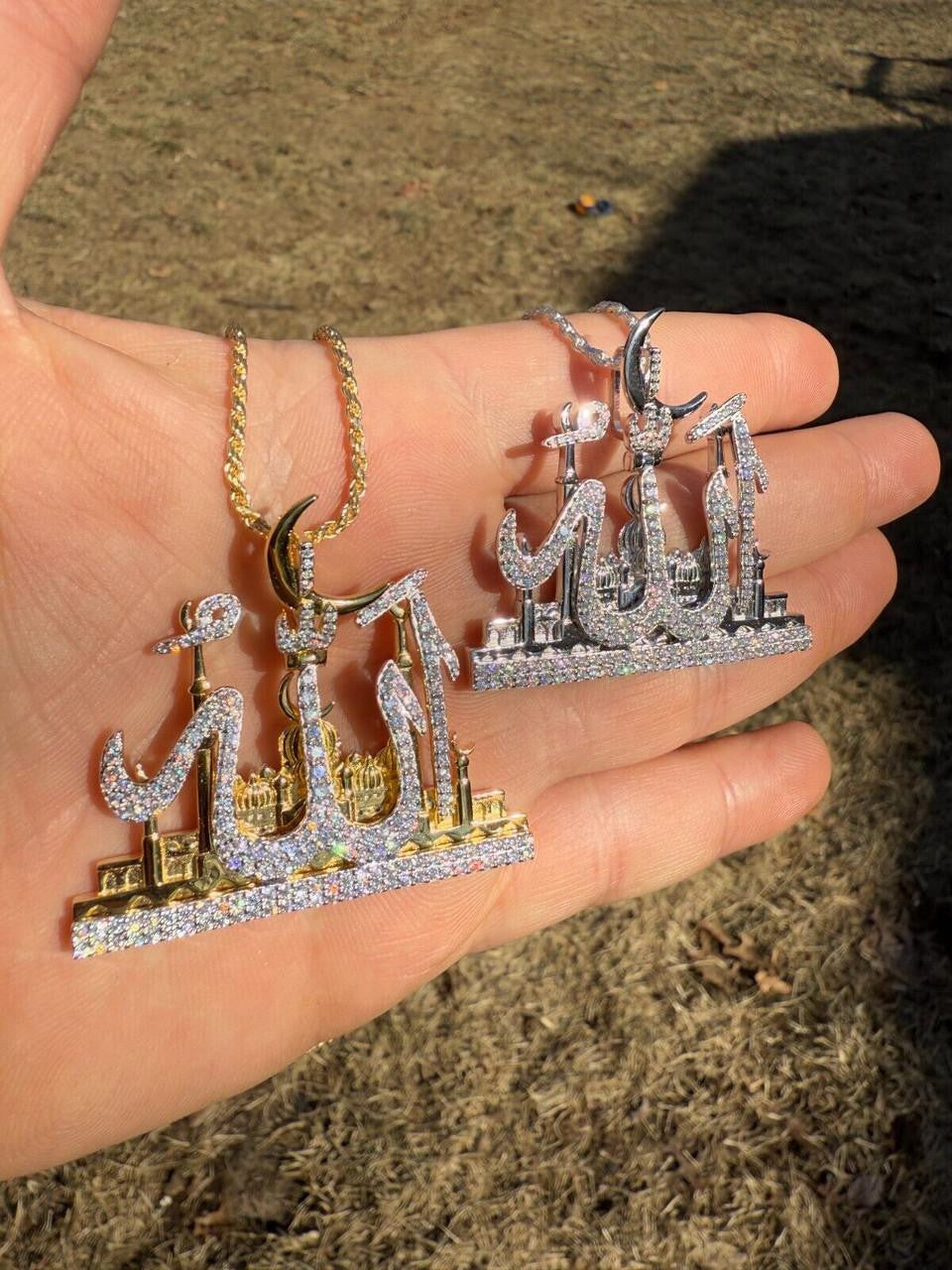MOISSANITE Holy City Mecca & Allah Pendant - 14k Gold Vermeil or 925 Silver - Medium 2"