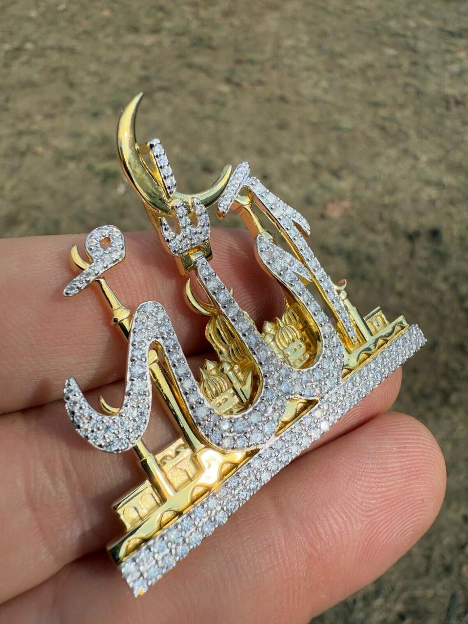 MOISSANITE Holy City Mecca & Allah Pendant - 14k Gold Vermeil or 925 Silver - Medium 2"