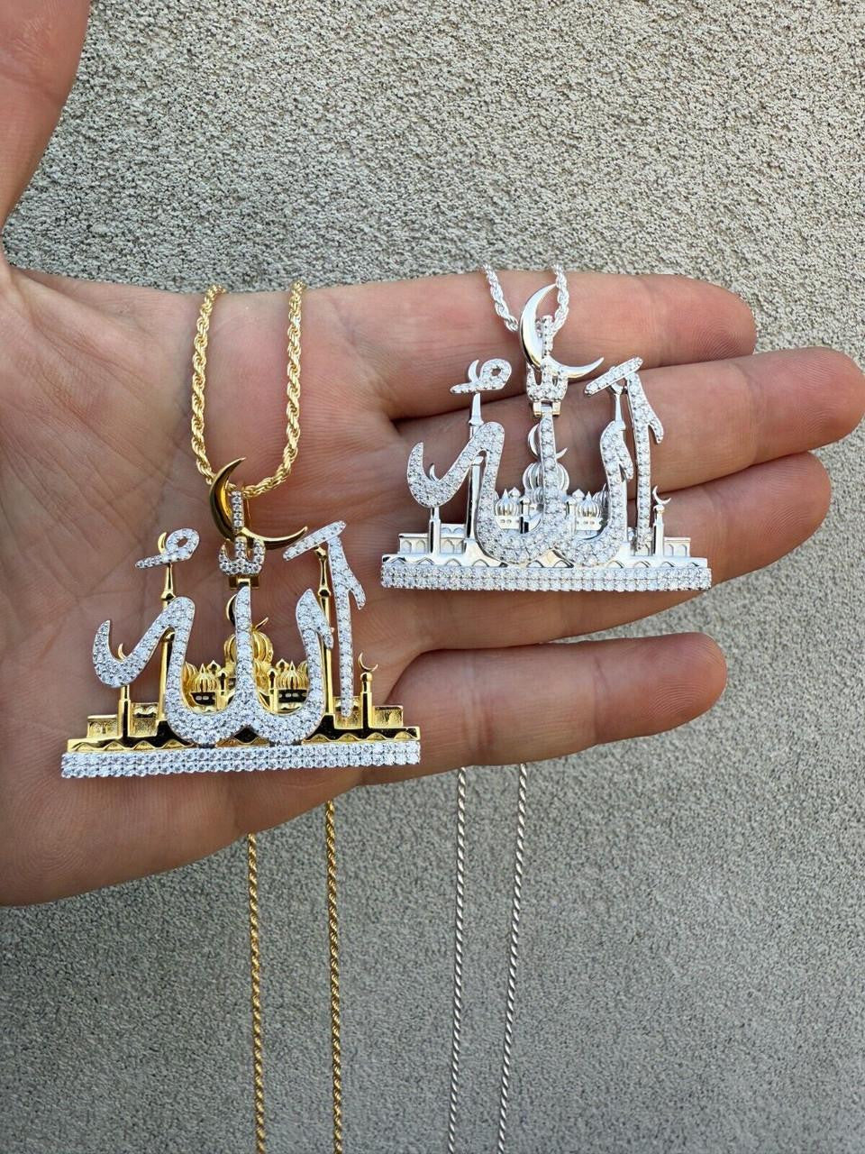 MOISSANITE Holy City Mecca & Allah Pendant - 14k Gold Vermeil or 925 Silver - Medium 2"