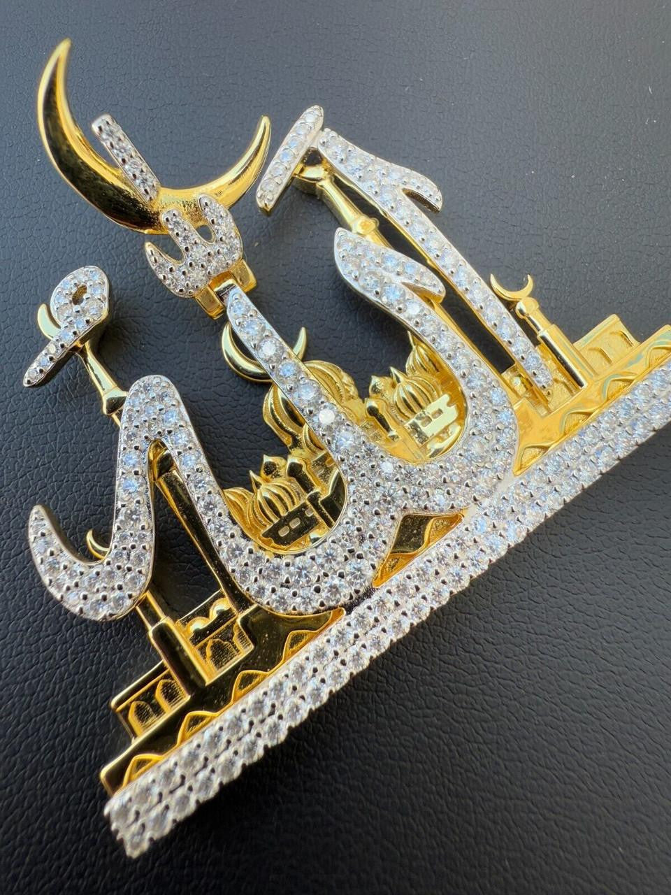 MOISSANITE Holy City Mecca & Allah Pendant - 14k Gold Vermeil or 925 Silver - Medium 2"