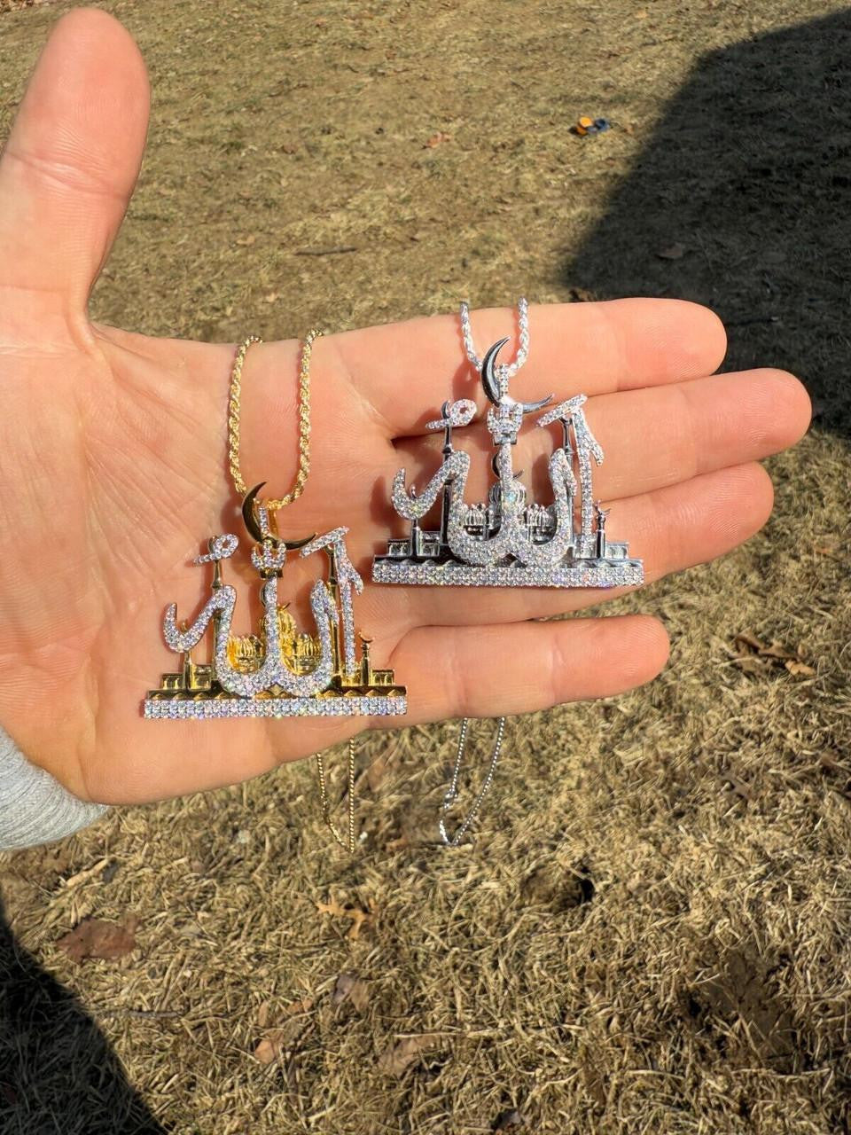 MOISSANITE Holy City Mecca & Allah Pendant - 14k Gold Vermeil or 925 Silver - Medium 2"