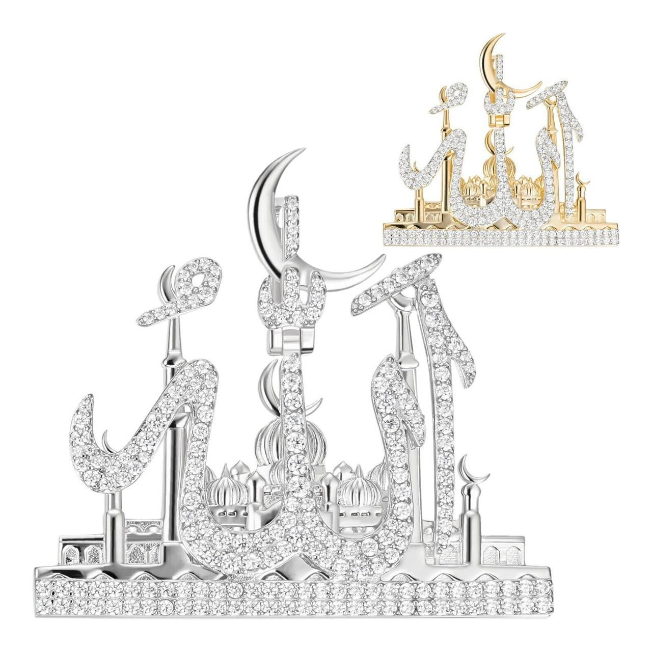 MOISSANITE Holy City Mecca & Allah Pendant - 14k Gold Vermeil or 925 Silver - Medium 2"