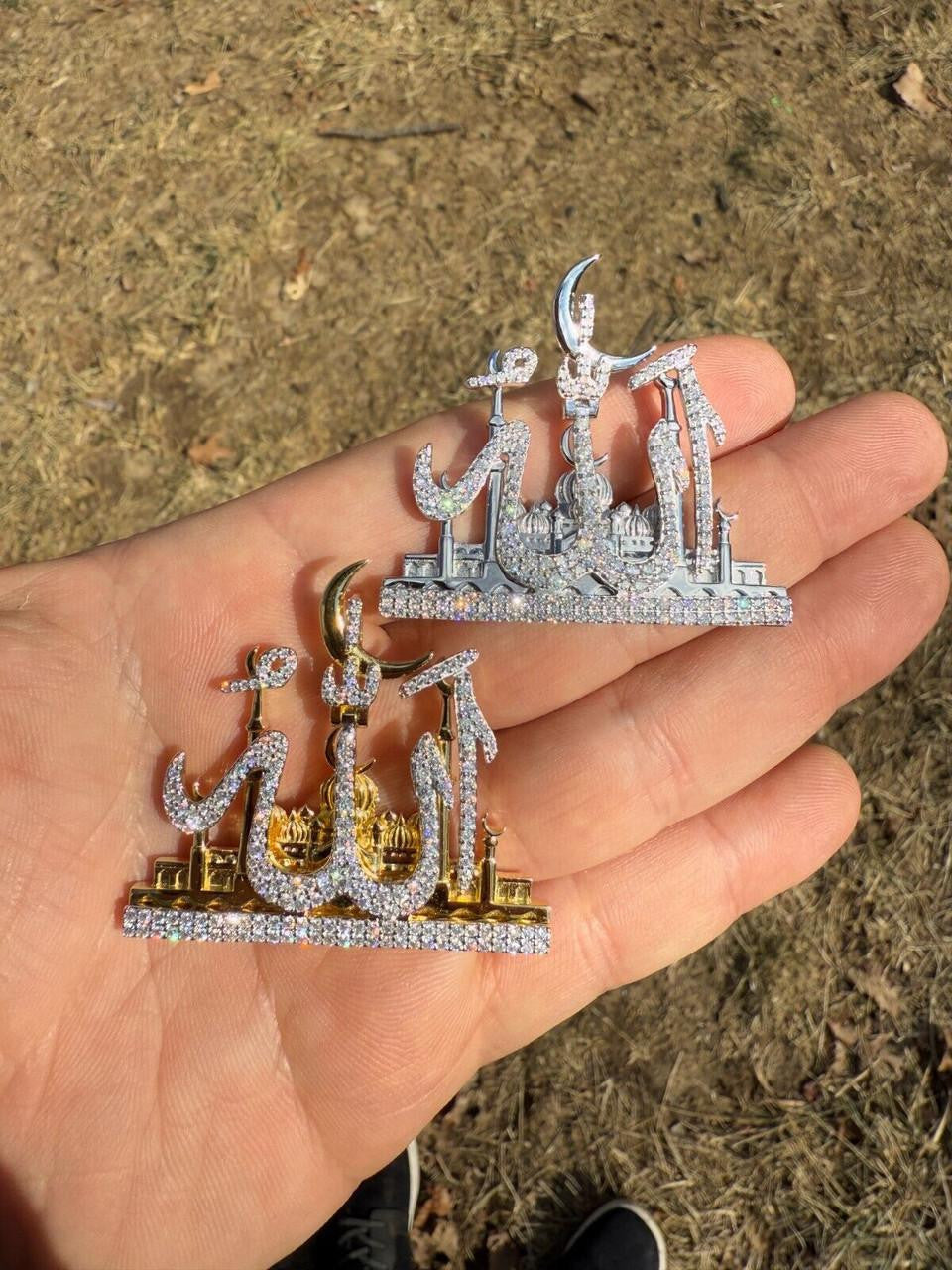 MOISSANITE Holy City Mecca & Allah Pendant - 14k Gold Vermeil or 925 Silver - Medium 2"