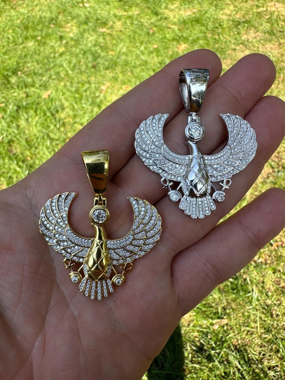 MOISSANITE Horus W. Ankh Pendant - 14k Gold Vermeil Or 925 Silver - Medium 2"