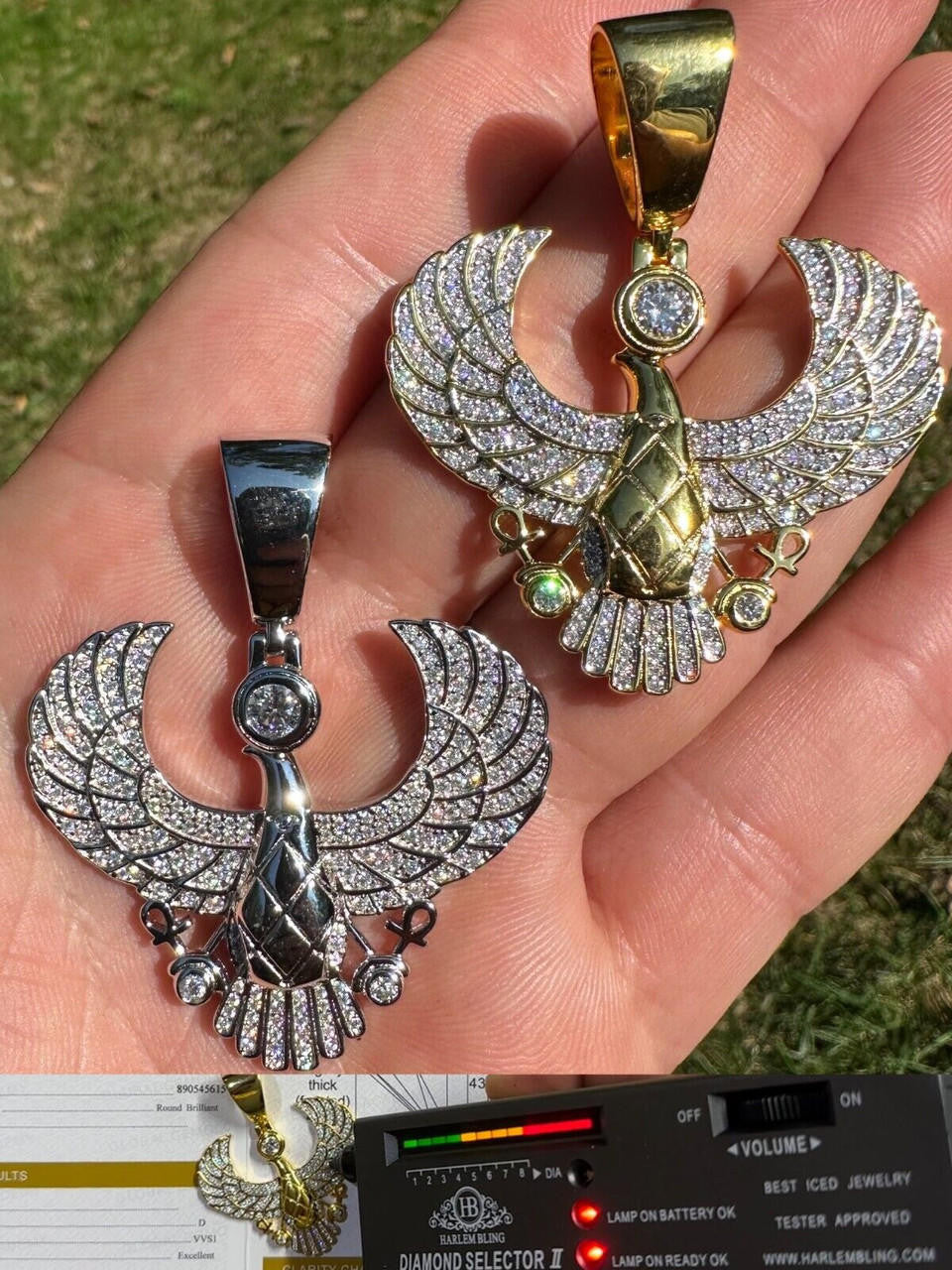 MOISSANITE Horus W. Ankh Pendant - 14k Gold Vermeil Or 925 Silver - Medium 2"
