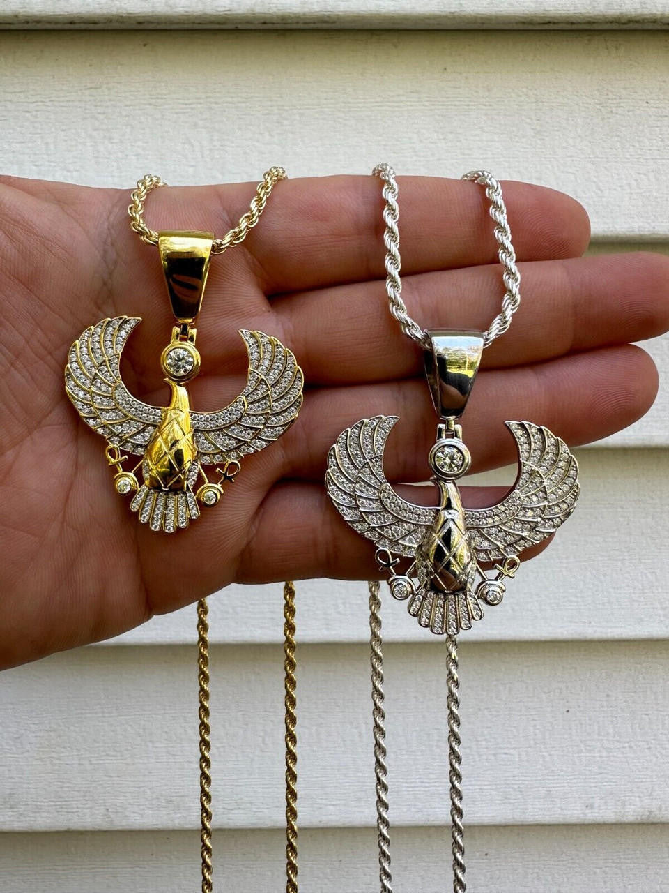 MOISSANITE Horus W. Ankh Pendant - 14k Gold Vermeil Or 925 Silver - Medium 2"