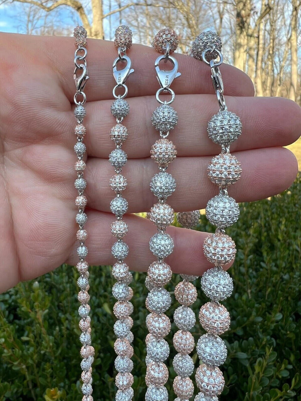 MOISSANITE Bead Ball Dogtag Necklace Chain - Rose Gold Vermeil & 925 Silver - 4mm-10mm - 16"-30"