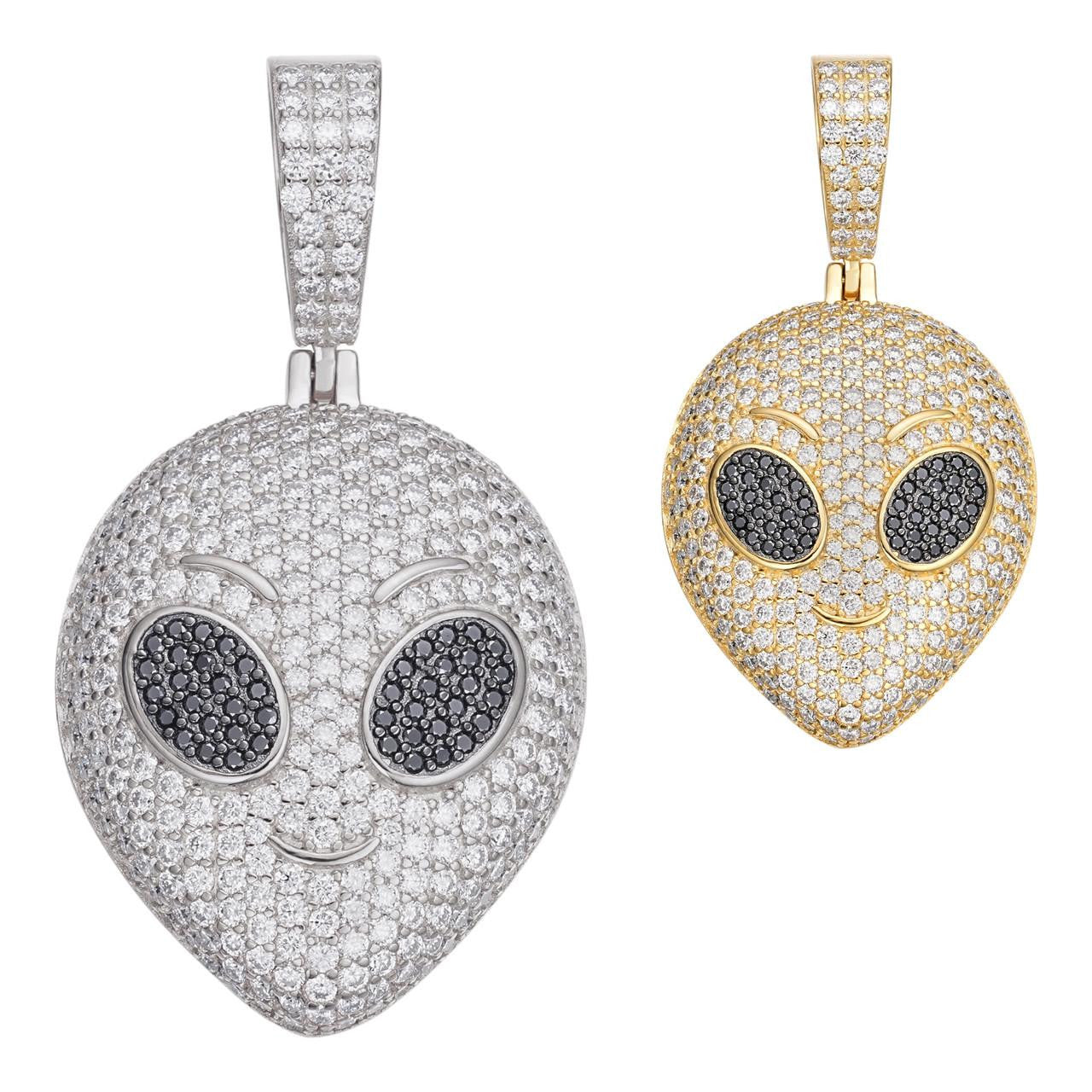 MOISSANITE Iced Alien Head UFO Emoji Pendant - 14k Gold Vermeil Or 925 Silver - Medium 2"