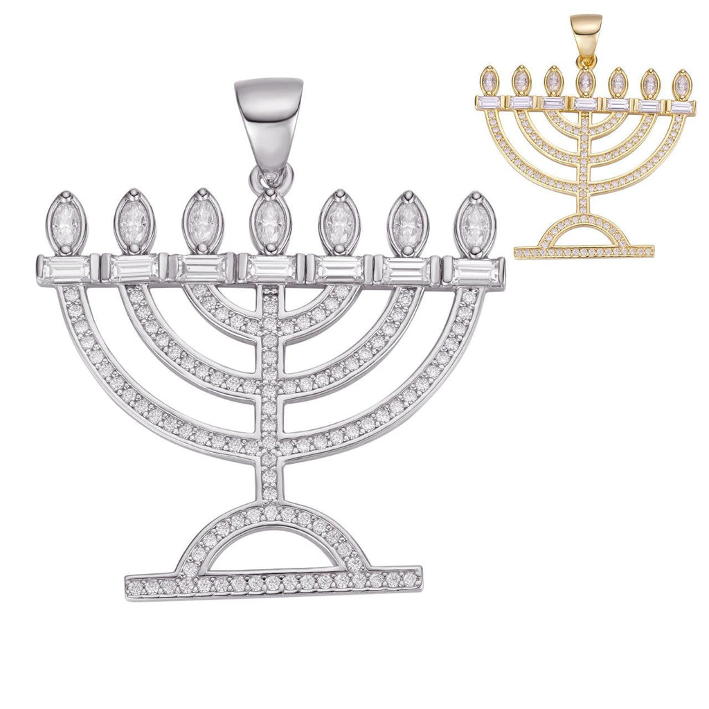 MOISSANITE Iced Jewish Menorah Hebrew Israelite Pendant - 14k Gold Vermeil Or 925 Silver - Medium 1.5"