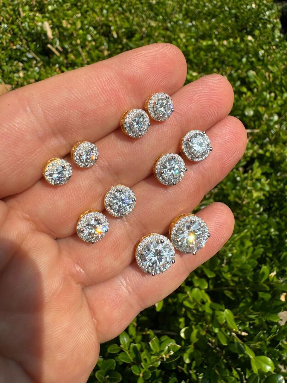 MOISSANITE Iced Out #1 Bestseller Halo Set Stud Earrings - 14k Gold Vermeil 925 Silver - 7mm -12mm
