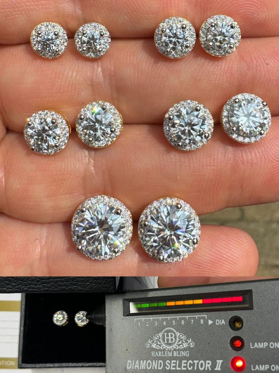 MOISSANITE Iced Out #1 Bestseller Halo Set Stud Earrings - 14k Gold Vermeil 925 Silver - 7mm -12mm