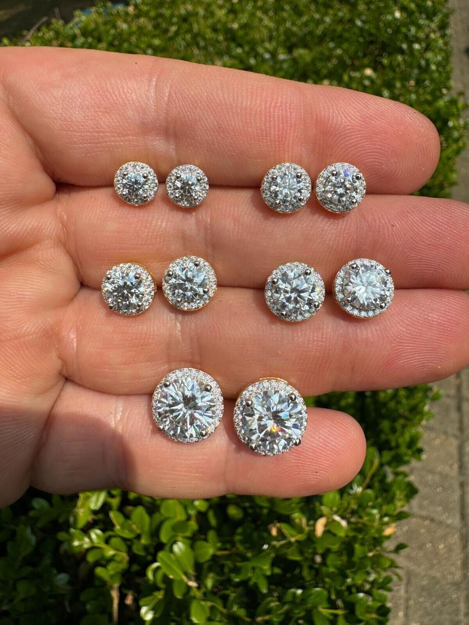 MOISSANITE Iced Out #1 Bestseller Halo Set Stud Earrings - 14k Gold Vermeil 925 Silver - 7mm -12mm