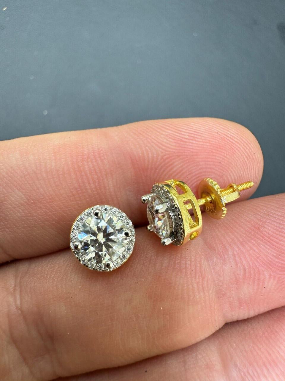 MOISSANITE Iced Out #1 Bestseller Halo Set Stud Earrings - 14k Gold Vermeil 925 Silver - 7mm -12mm