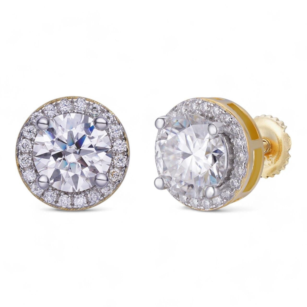 MOISSANITE Iced Out #1 Bestseller Halo Set Stud Earrings - 14k Gold Vermeil 925 Silver - 7mm -12mm
