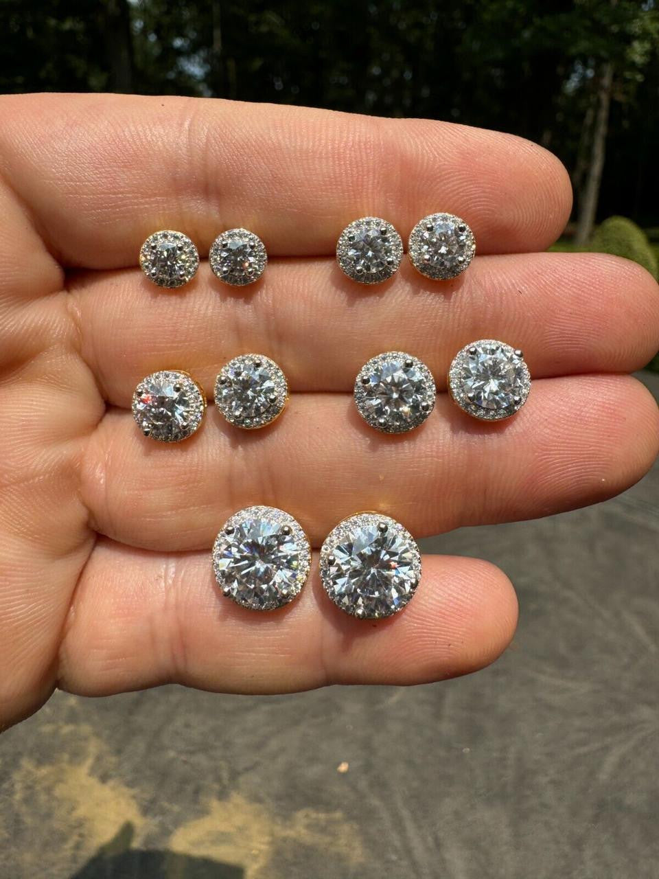 MOISSANITE Iced Out #1 Bestseller Halo Set Stud Earrings - 14k Gold Vermeil 925 Silver - 7mm -12mm