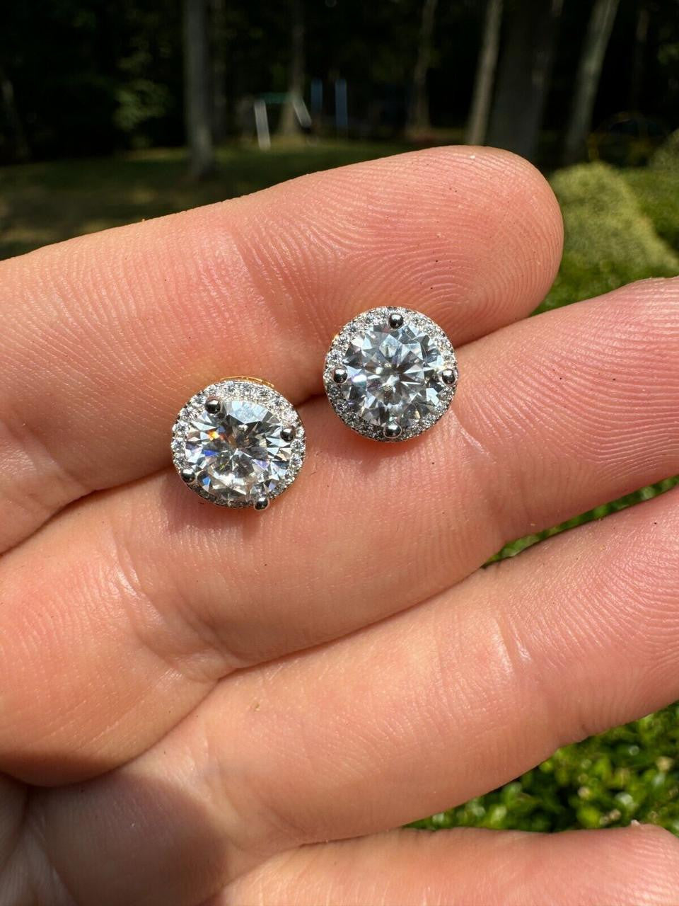 MOISSANITE Iced Out #1 Bestseller Halo Set Stud Earrings - 14k Gold Vermeil 925 Silver - 7mm -12mm
