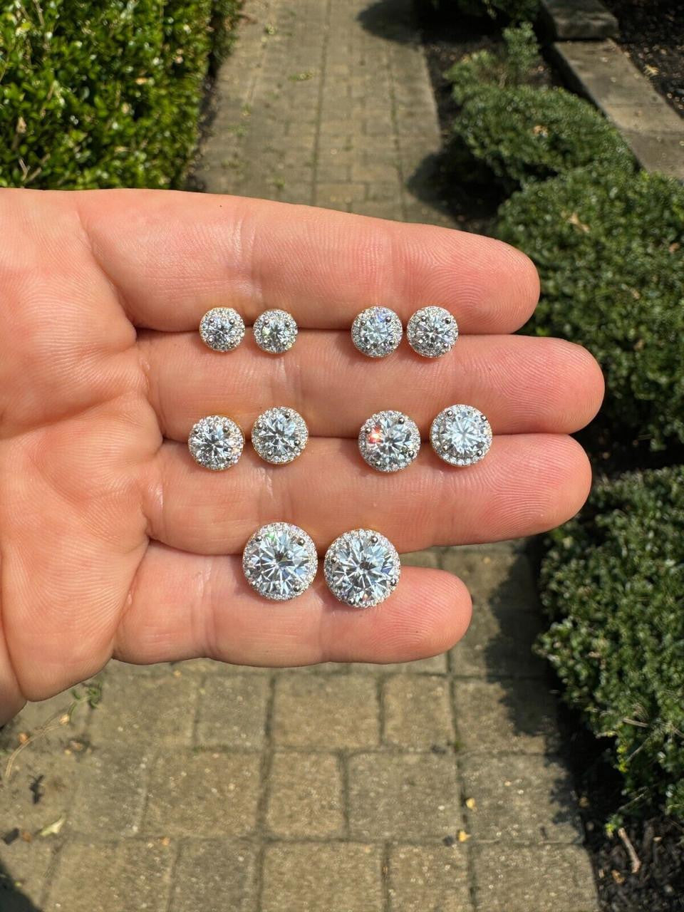 MOISSANITE Iced Out #1 Bestseller Halo Set Stud Earrings - 14k Gold Vermeil 925 Silver - 7mm -12mm