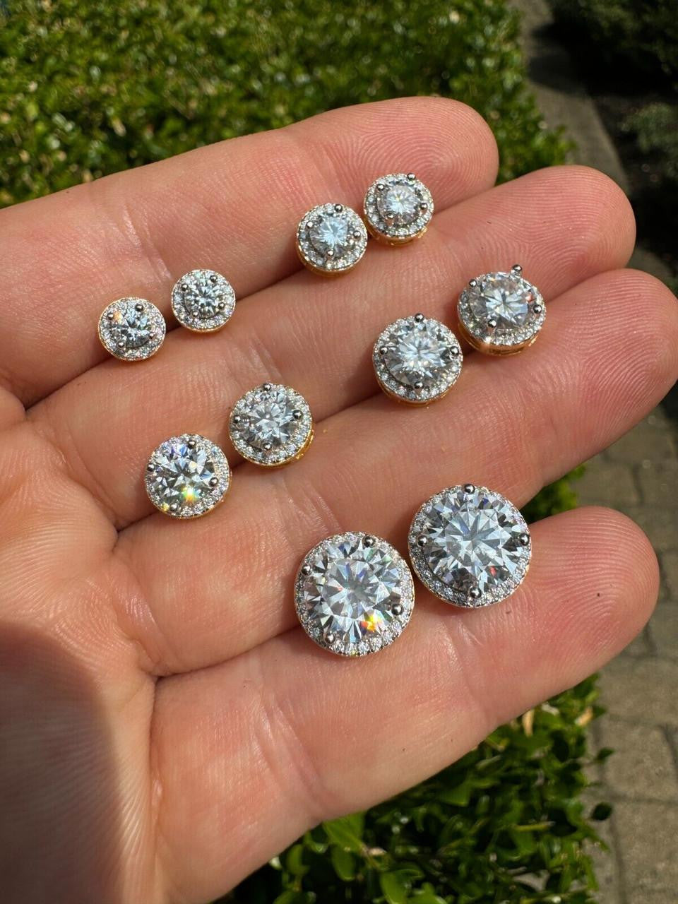 MOISSANITE Iced Out #1 Bestseller Halo Set Stud Earrings - 14k Gold Vermeil 925 Silver - 7mm -12mm